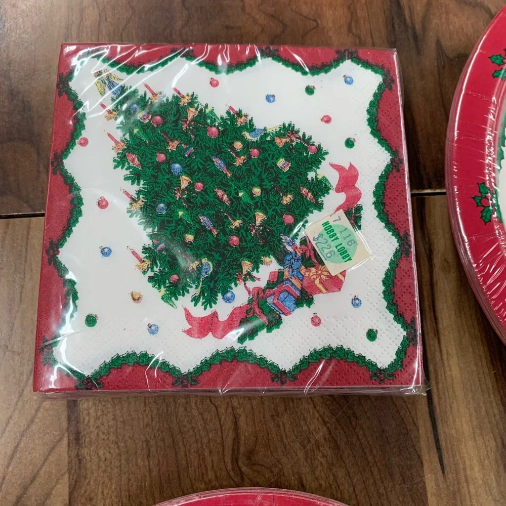 Vintage Lot Christmas Tree Paper Party Plates Tablecloth Napkins Holiday Set